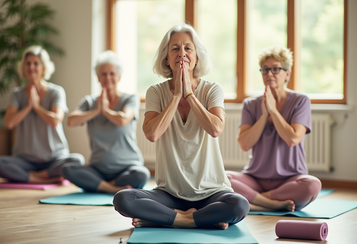 Група людей займається йогою на свіжому повітрі
